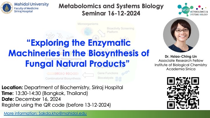 Metabolomics and Systems Biology Seminar: Dr. Hsiao-Ching Lin (December 16, 2024)